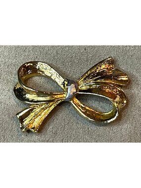 Vtg 70s 80s Signed Taiwan Gold Tone Textured Bow Brooch Rhinestone Ribbon Pin